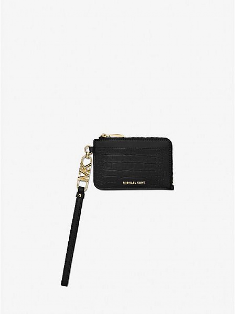 Porta Tarjetas Michael Kors Small Crocodile Embossed Cuero Zip Mujer Negras | 23479PLKG