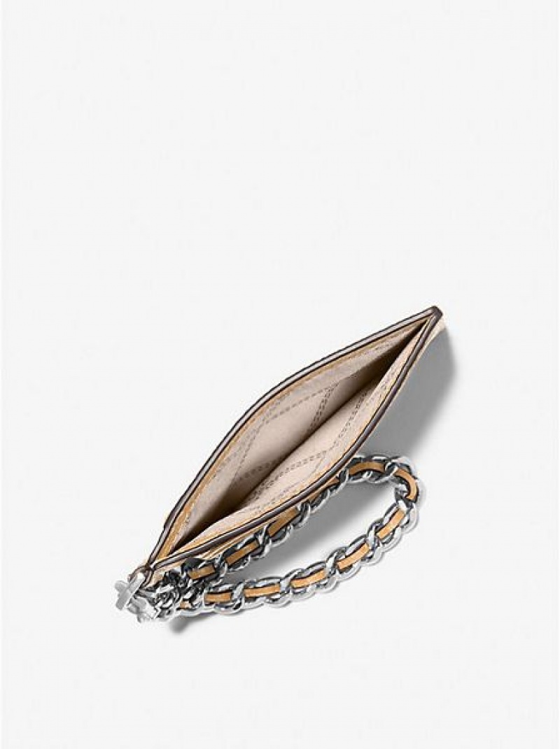 Porta Tarjetas Michael Kors Small Pebbled Cuero Chain Mujer Marrones | 26478AEHW