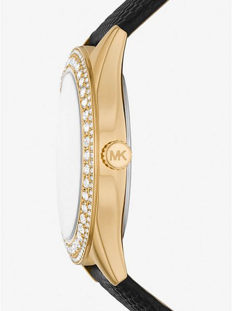 Relojes Michael Kors Harlowe Pave And Lizard Embossed Cuero Correa Mujer Doradas | 12507NQFH