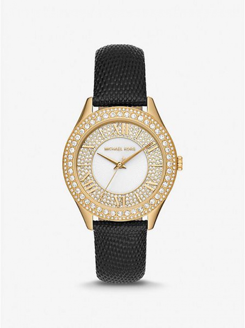 Relojes Michael Kors Harlowe Pave And Lizard Embossed Cuero Correa Mujer Doradas | 12507NQFH