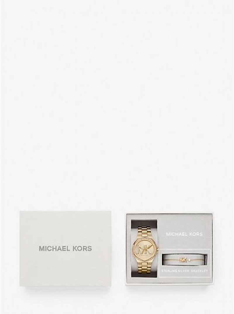 Relojes Michael Kors Lennox Pave Logo Mujer Doradas | 25970QCKM