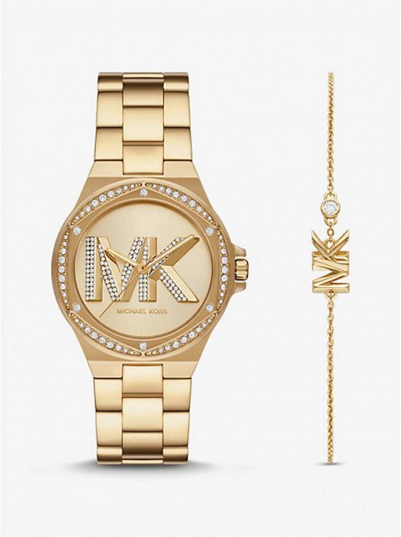 Relojes Michael Kors Lennox Pave Logo Mujer Doradas | 25970QCKM