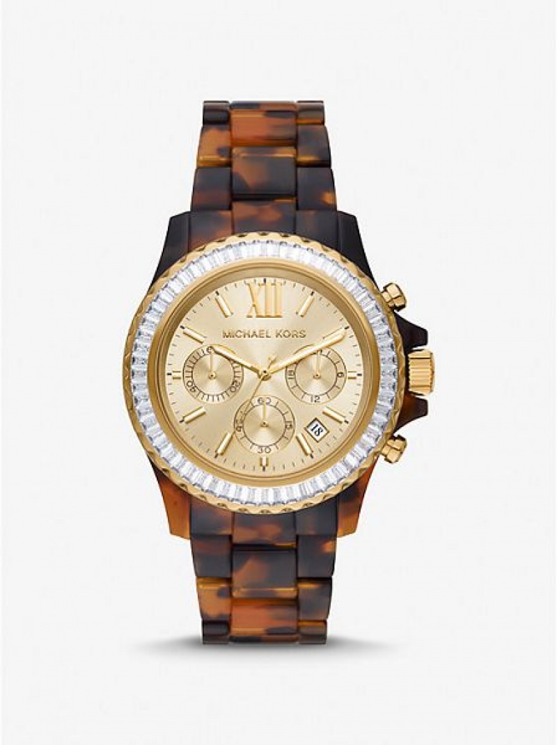 Relojes Michael Kors Oversized Everest Pave And Tortoiseshell Bio-based Acetate Mujer Doradas | 57023QCUK