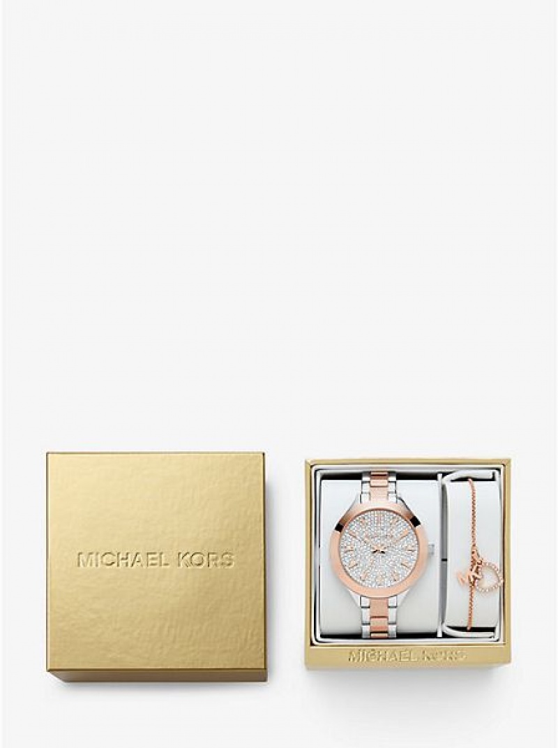 Relojes Michael Kors Pave And Heart Bracelet Set Mujer Plateadas Rosas | 75693PUOT