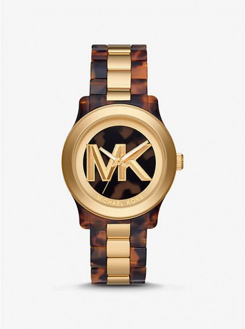 Relojes Michael Kors Runway And Tortoiseshell Acetate Mujer Doradas | 64920CDWA