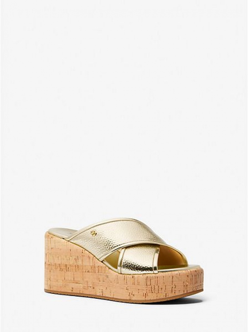 Sandalias Cuña Michael Kors Cary Metallic Cuero Mujer Doradas | 89763DARI