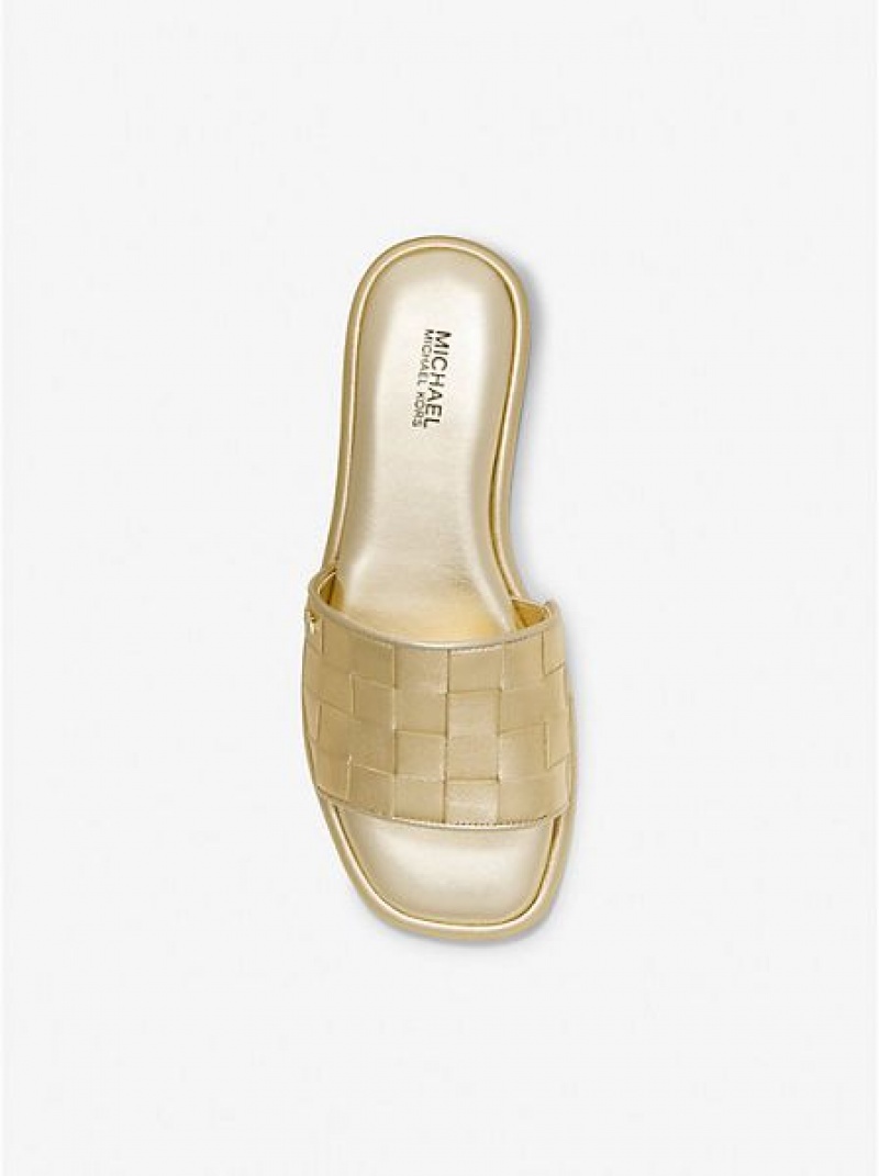 Sandalias Deslizantes Michael Kors Hayworth Woven Metallic Cuero Mujer Doradas | 39746HKND