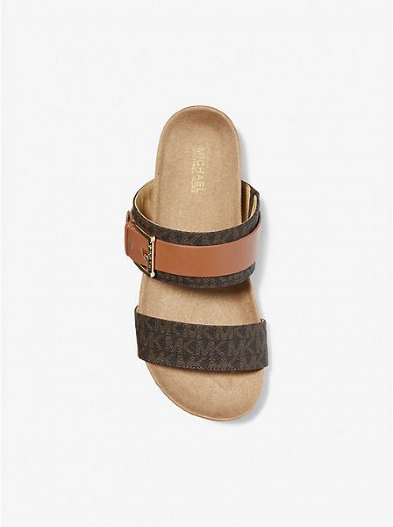 Sandalias Deslizantes Michael Kors Mylah Logo And Cuero Mujer Marrones | 81924AICX