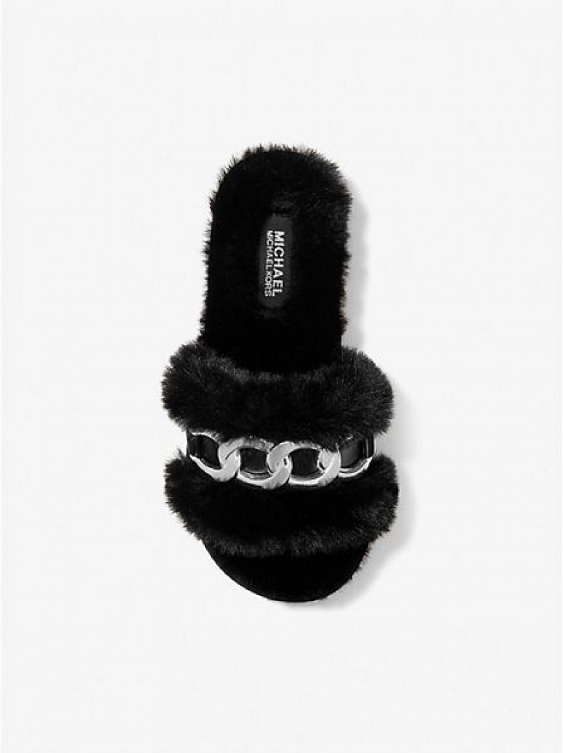 Sandalias Deslizantes Michael Kors Scarlett Chain Link Faux Fur Mujer Negras | 09436PTUI