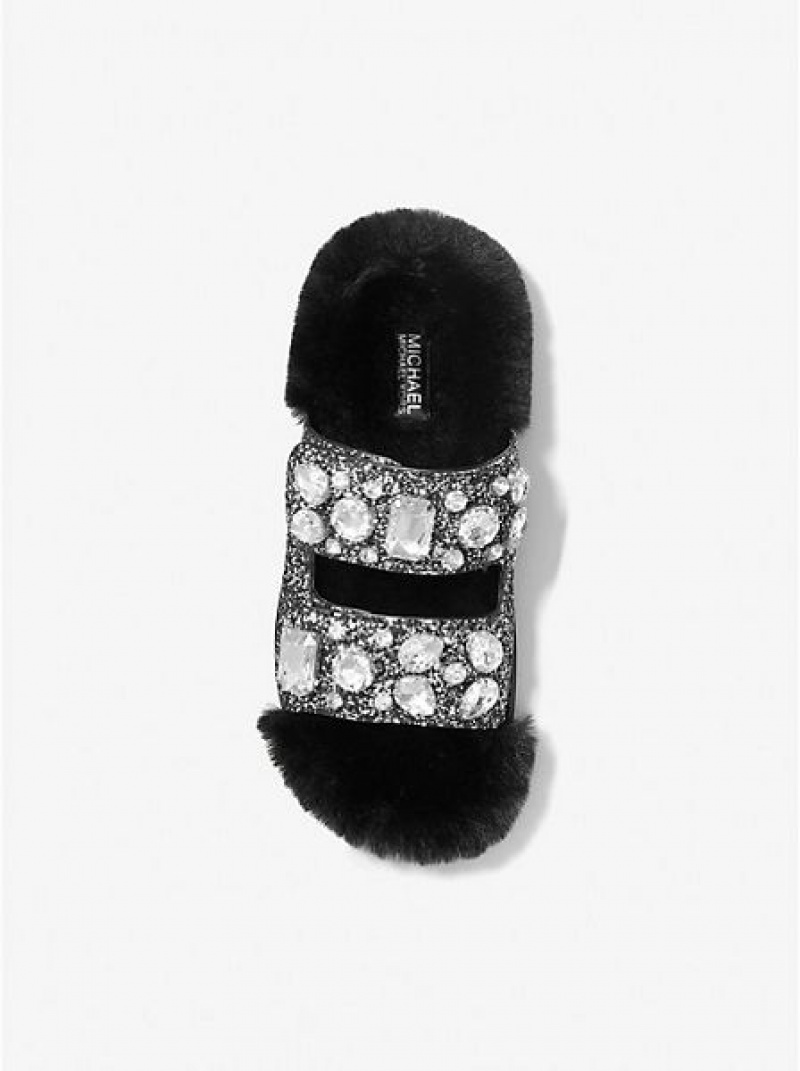 Sandalias Deslizantes Michael Kors Stark Embellished Glitter And Faux Fur Mujer Negras Plateadas | 01562UTAM