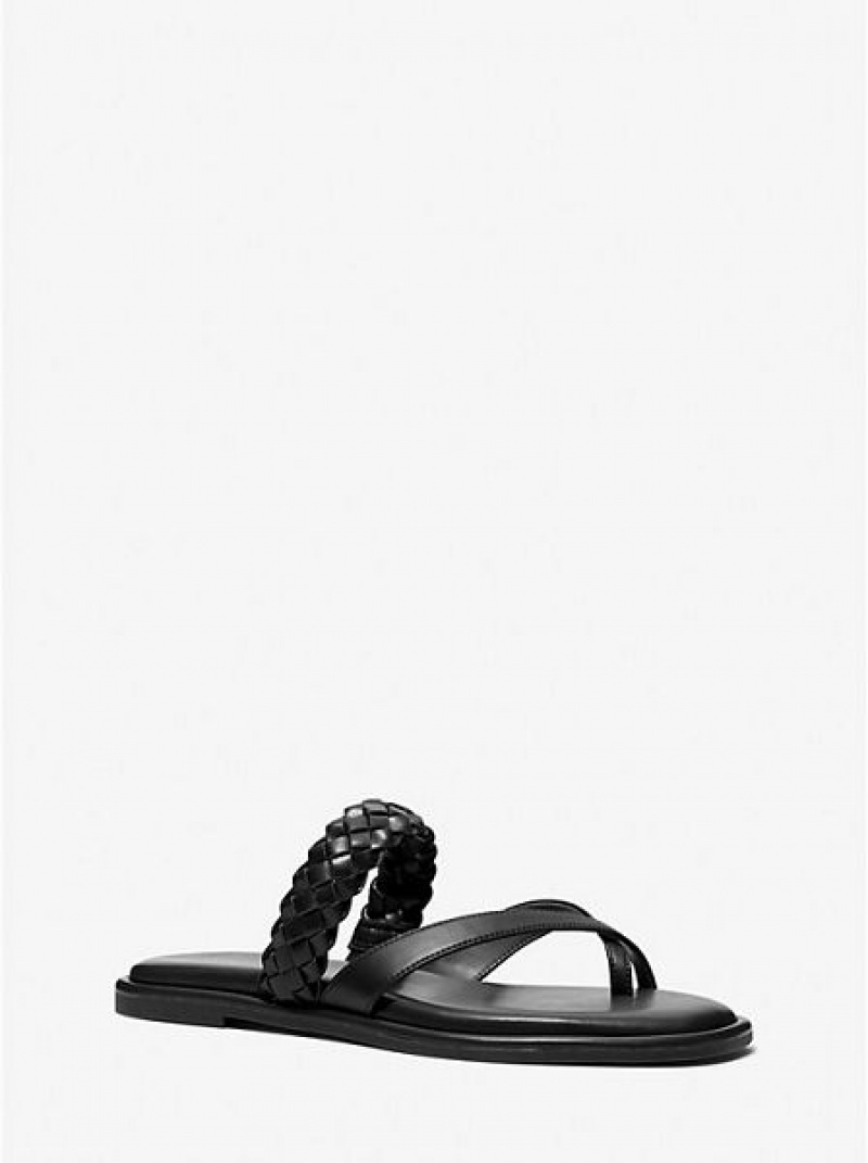 Sandalias Michael Kors Alba Braided Faux Cuero Chanclas Mujer Negras | 93716CTXL