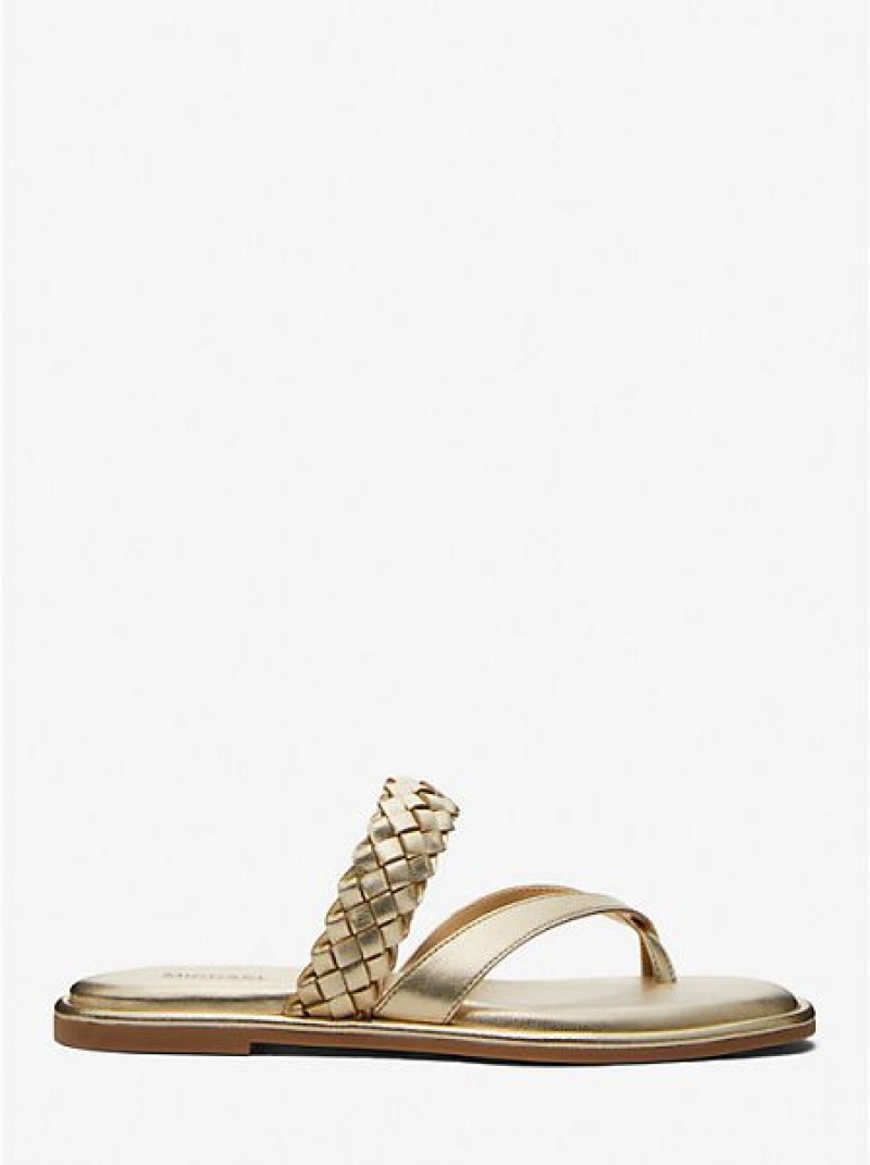 Sandalias Michael Kors Alba Braided Metallic Faux Cuero Chanclas Mujer Doradas | 69173YRCS