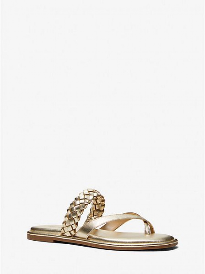 Sandalias Michael Kors Alba Braided Metallic Faux Cuero Chanclas Mujer Doradas | 69173YRCS