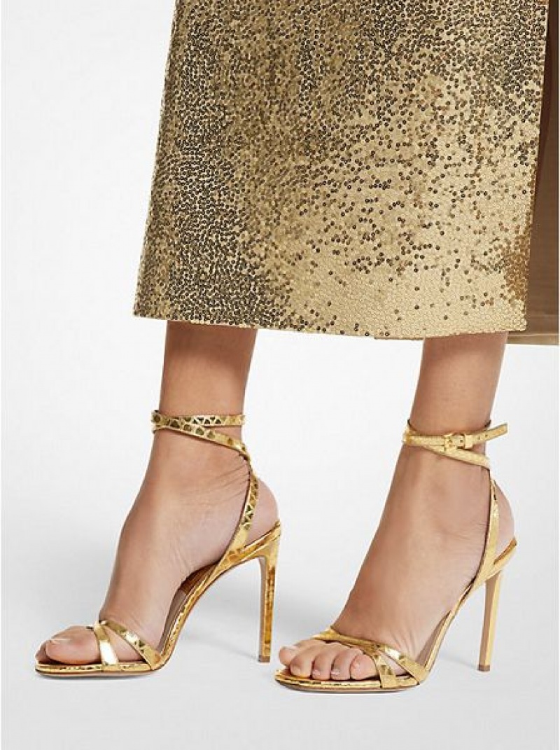 Sandalias Michael Kors Chrissy Metallic Python Embossed Cuero Mujer Doradas | 07256FQZU