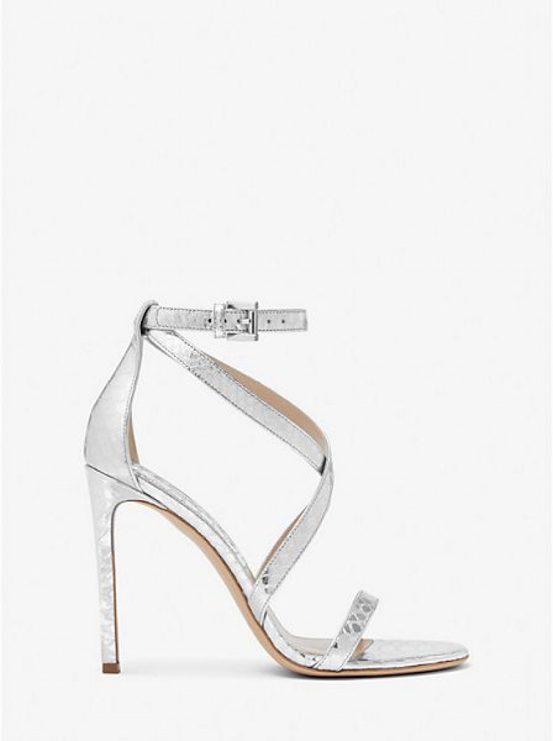 Sandalias Michael Kors Ingrid Metallic Python Embossed Cuero Mujer Plateadas | 46851GFPH