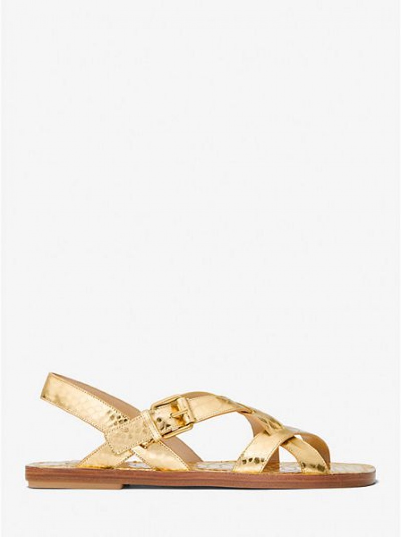 Sandalias Michael Kors Perrine Metallic Python Embossed Cuero Mujer Doradas Marrones | 23740VGMN