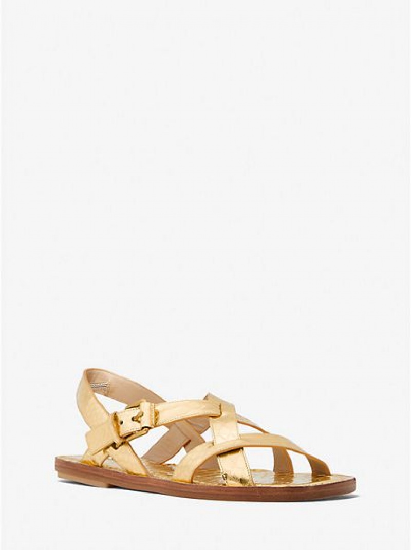 Sandalias Michael Kors Perrine Metallic Python Embossed Cuero Mujer Doradas Marrones | 23740VGMN