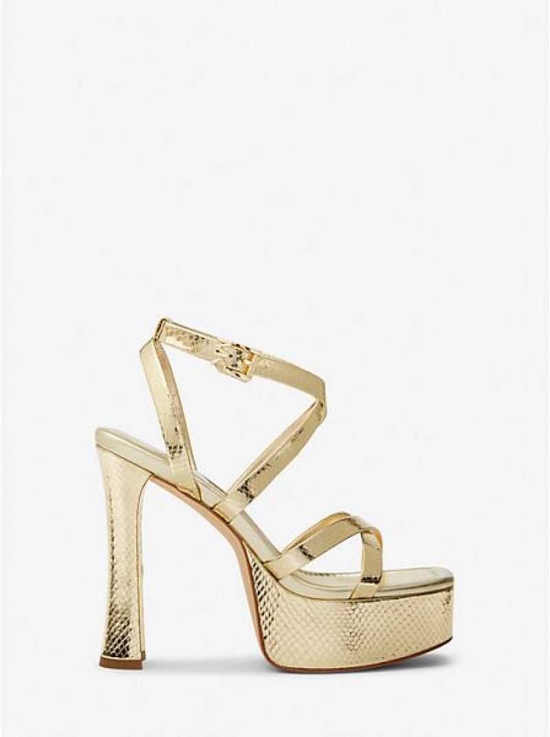 Sandalias Plataforma Michael Kors Paola Metallic Snake Embossed Cuero Mujer Doradas | 17840BQTR