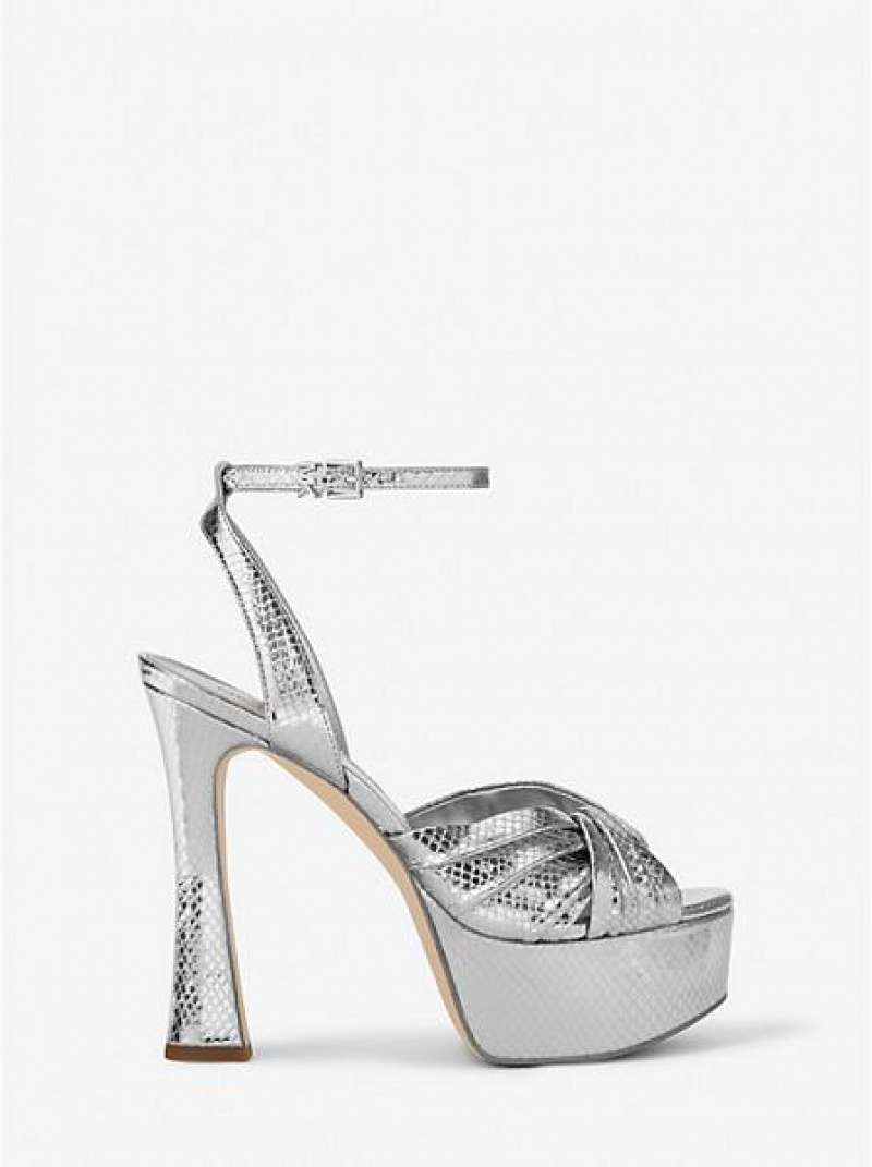 Sandalias Plataforma Michael Kors Selena Metallic Snake Embossed Cuero Mujer Plateadas | 81275OYQF