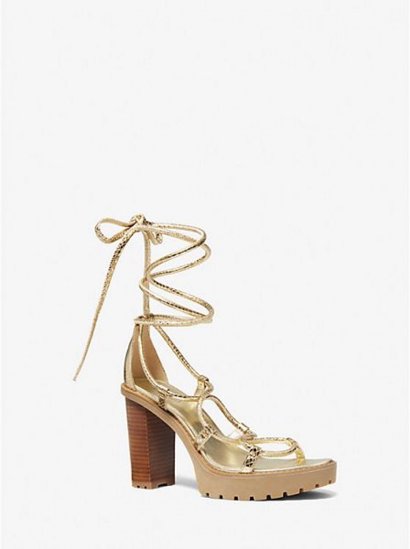 Sandalias Plataforma Michael Kors Vero Metallic Snake Embossed Cuero Mujer Doradas | 94103ENAY