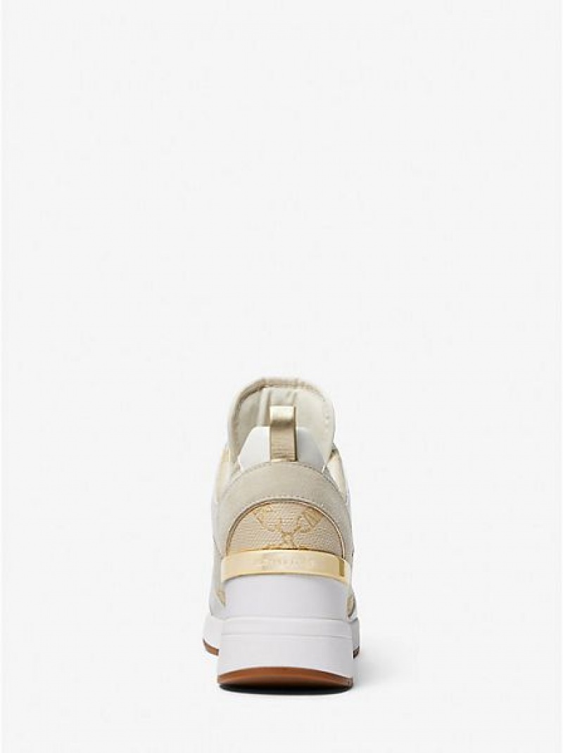 Tenis Michael Kors Georgie Metallic Empire Logo Jacquard And Cuero Mujer Doradas Beige | 46952XNOI