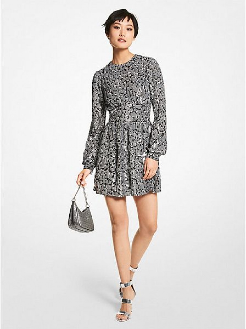 Vestido Michael Kors Sequined Leopard Print Georgette Mujer Gris | 25493MYOE